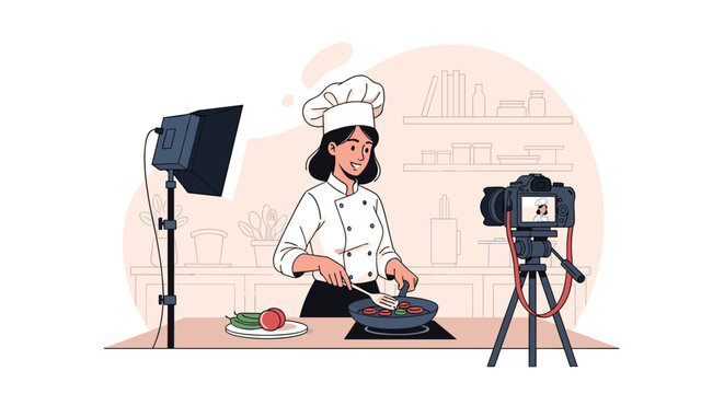 Professional female chef recording culinary cooking video vlog using camera on tripod and studio spotlight.