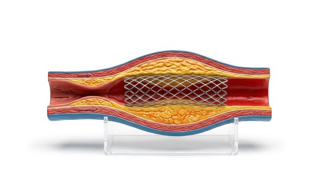 Anatomical model showing a blood vessel with atherosclerosis and a coronary stent implantation