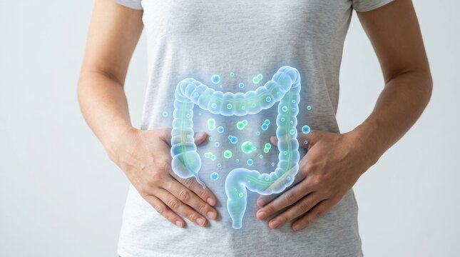 Human digestive system represented with glowing blue and green particles and bubbles