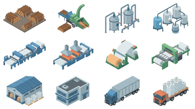 Clean Isometric of Wood Processing and Paper Manufacturing Plant with Machinery and Transport with high quality professional line art symbols for modern creative design and digital branding projects