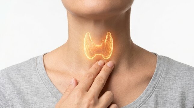 Close up of a person's neck with an illustrated glowing thyroid gland highlighted