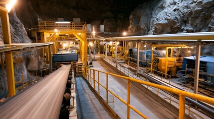 Fototapeta premium Interior of a large underground mine with conveyor belts hinery and rock walls illuminated by lighting