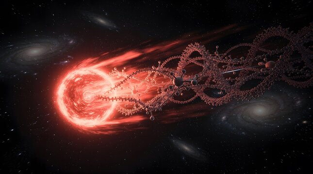 Abstract illustration of a glowing red celestial object with swirling cosmic energy trails in deep space.