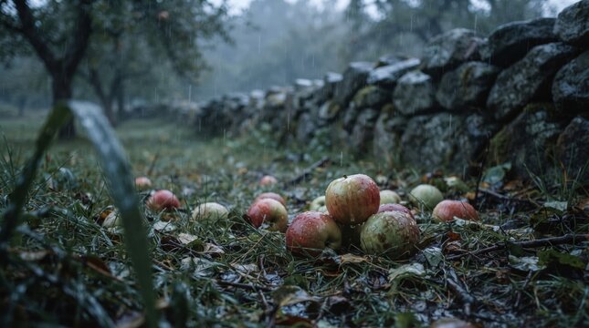 On a rainy day, red and green apples lay scattered on wet grass, creating a vibrant display against a backdrop of stone walls and lush trees. Nature thrives around them.