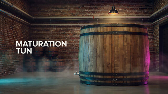 Large wooden barrel inside industrial maturation storage room