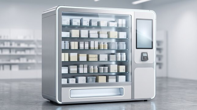 Modern automated pharmacy vending machine with digital touchscreen display and medicine packages, symbolizing automated healthcare and self-service medicine access