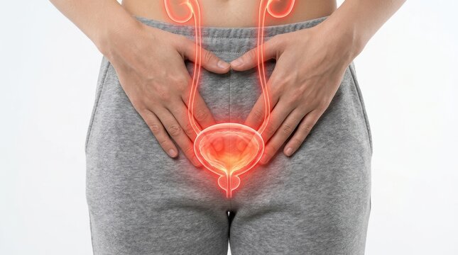 Human urinary system anatomy including kidneys ureters and bladder highlighted with red glowing outlines