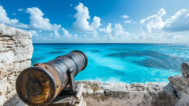 An old rusty cannon overlooks a vibrant turquoise ocean from a stone fortress