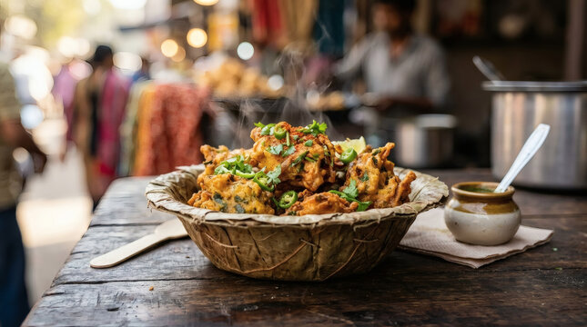 Hot Steaming Indian Vegetable Pakoras Served in Traditional Leaf Bowl on Rustic Wood Table at Vibrant Street Food Market with Green Chutney