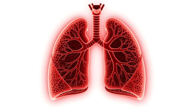 Anatomical illustration of human lungs with glowing red bronchial tree structure.