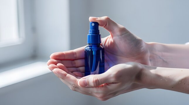 Person holding a small blue spray bottle for sanitizing hands indoors.