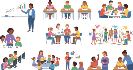 Fototapeta premium A comprehensive illustration collection showcasing diverse students and teachers engaged in various classroom learning activities daily