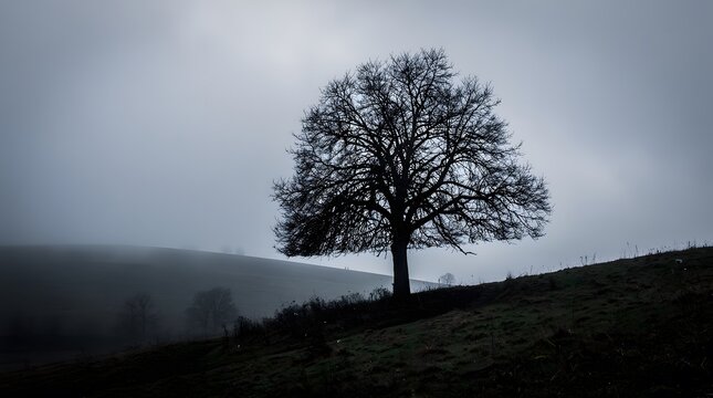 A solitary leafless tree standing on a misty hill during a gloomy winter day.