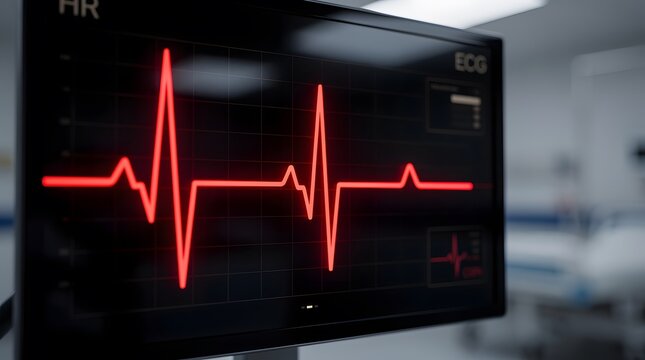 A digital medical monitor displaying a red electrocardiogram heart rate waveform in a hospital room.