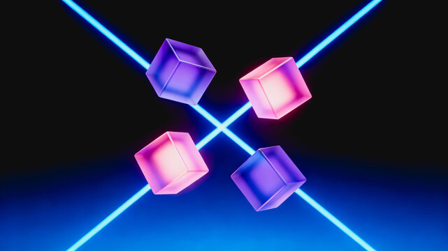 Glowing Neon Cubes Crossing Blue Laser Lines in Dark Space