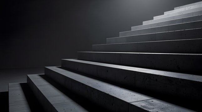 Abstract view of concrete stairs leading upwards into bright light in a dark room.