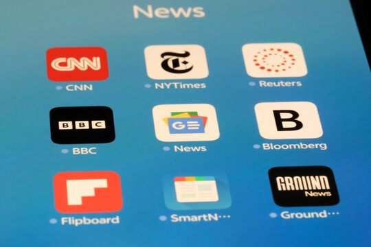 Shanghai,China-Sep.6th 2026: news media app icons including CNN, NYTimes, Reuters, BBC, Google News, Bloomberg, Flipboard, SmartNews, and Ground News displayed on a smartphone screen.