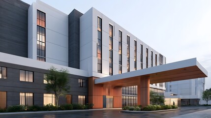 Obraz premium Modern multi story building with glass and wooden canopy entrance under clear sky