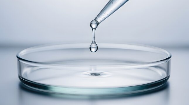 A clear liquid drop falling from a glass pipette into a petri dish in a laboratory setting.