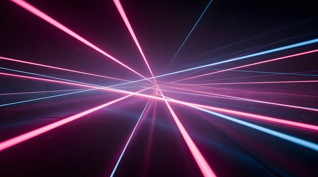 Abstract background with glowing neon pink and blue laser beams crossing in the dark.