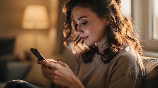 Young woman sitting on a sofa using her smartphone in a cozy living room.