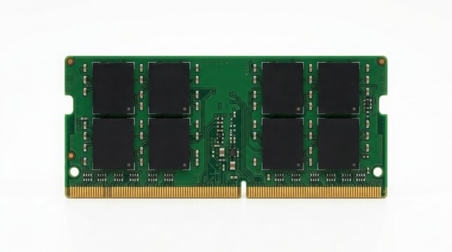 Close-up of Laptop RAM Module with Green Circuit Board and Black Chips