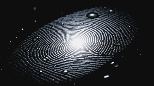 Close-up of Fingerprint with Water Droplets on Dark Surface