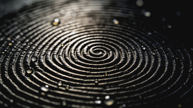 Close-up View of Concentric Spiral Grooves with Water Droplets