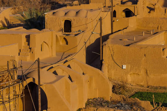Meybod city, Iran. View over the historic town details, traditional adobe buildings and roofs of Yazd Province, Iran.