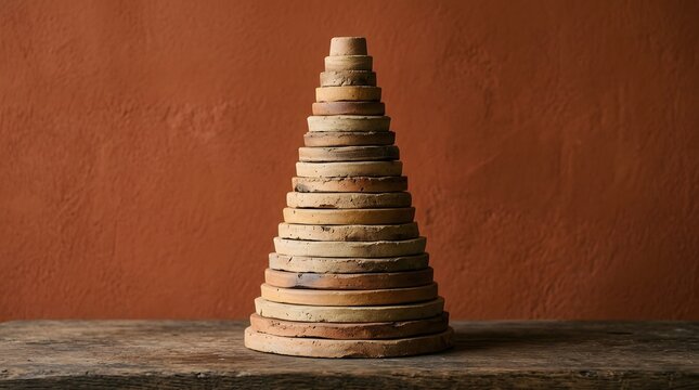 Stacked terracotta clay discs forming a perfect geometric pyramid shape with rustic texture and warm earth tones in soft lighting