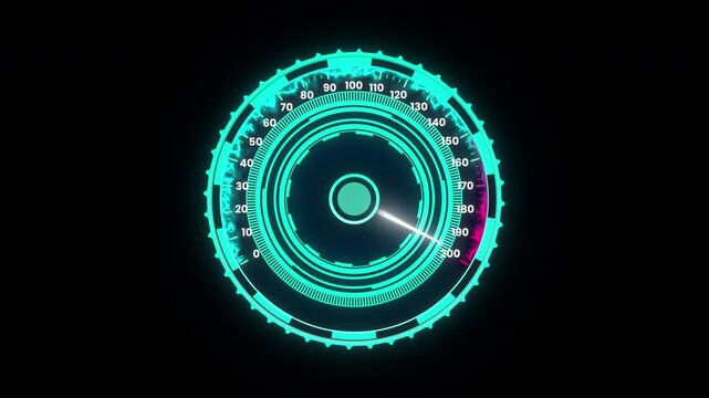 Glowing cyan neon speedometer gauge animation on transparent background.