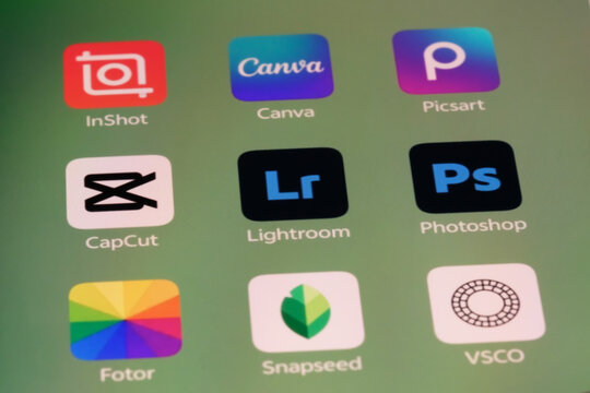 Shanghai,China-Sep.6th 2026: screen displaying icons for photo and video editing apps, including InShot, Canva, Picsart, CapCut, Lightroom, Photoshop, Fotor, Snapseed, and VSCO