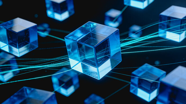 Connected Transparent Cubes Representing Blockchain Technology Concept