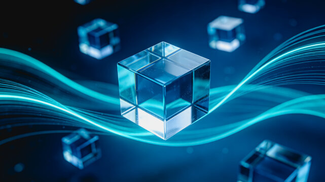 Transparent Cubes and Glowing Digital Flow in Tech Background