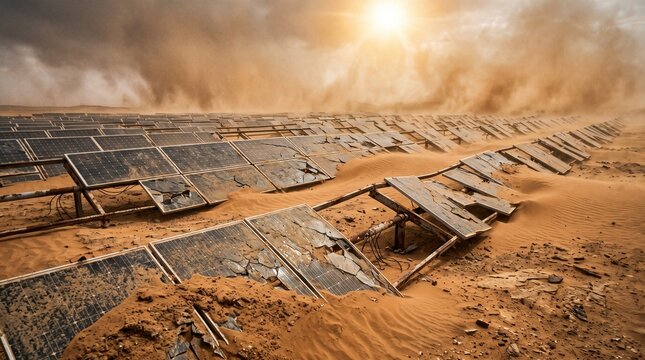 Row of damaged solar panels buried under blowing sand during desert sandstorm, highlighting harsh environment, equipment wear, and extreme climate impact