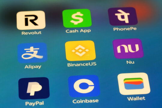 Shanghai,China-Sep.6th 2026: Digital finance and mobile payment app icons on phone screen, featuring Revolut, Cash App, PhonePe, Alipay, Binance.US, Nu (Nubank), PayPal, Coinbase, and Google Wallet