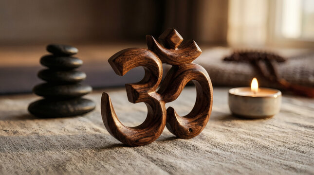 Wooden Om Symbol with Stacked Zen Stones and Lit Candle in a Serene Meditation Setting