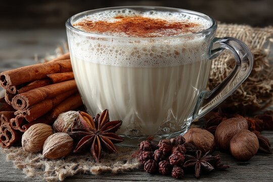 Creamy spiced chai latte with cinnamon sticks and nutmeg on rustic burlap