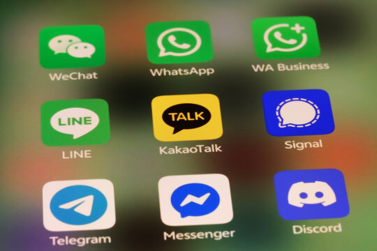 Shanghai,China-Sep.6th 2026: Social media and messaging app icons on phone screen, featuring WeChat, WhatsApp, WA Business, LINE, KakaoTalk, Signal, Telegram, Messenger, and Discord.