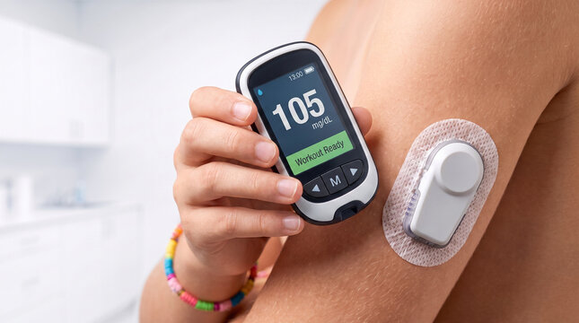 Checking glucose before a workout with a CGM reader device to track blood sugar levels for safe sports activity.