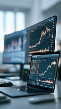 Financial trading screens displaying stock market charts and data on multiple monitors