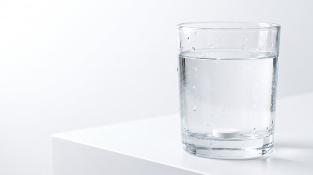Dispersible tablet in glass of water dissolving for quick absorption of medicine or nutritional supplements.
