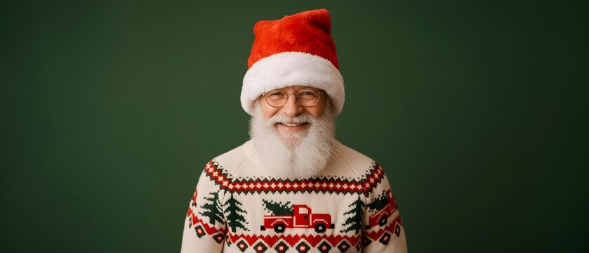 Happy older man wearing a Santa hat and festive sweater beautifully displayed