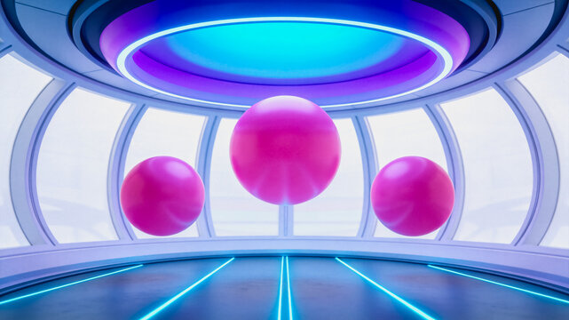 Futuristic Room with Pink Spheres and Neon Lighting