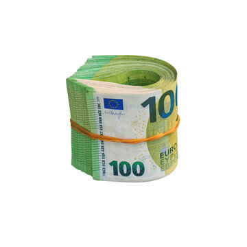 A stack of euro banknotes. isolated against a plain background. A thick roll of euro banknotes.
