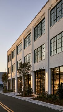 Modern white brick building with large industrial windows at dusk