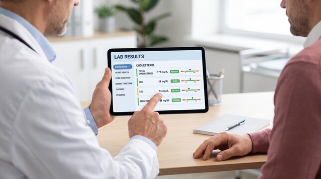 Doctor Explaining Laboratory Blood Test Results and Cholesterol Dashboard on Tablet to Patient in Clinic