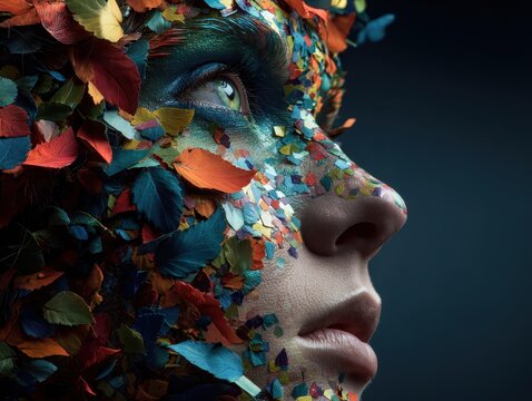 A creative portrait displays a female face covered in leaves and confetti, symbolizing nature, artistry, and fantasy with a vibrant, colorful skin effect