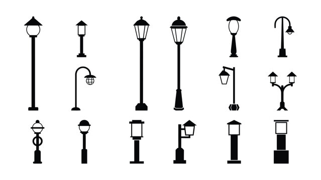 Various styles of street lamps and outdoor lighting fixtures collection