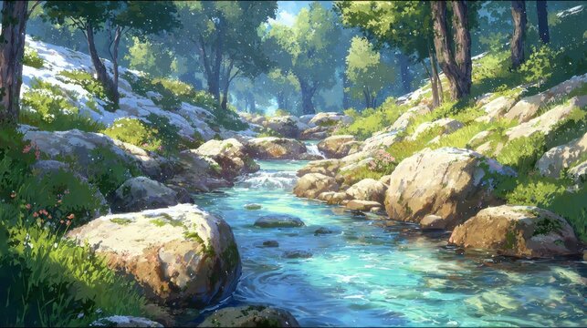 Sunlight filters through a tranquil forest illuminating a clear stream flowing over rocks where patches of snow melt beside new spring growth